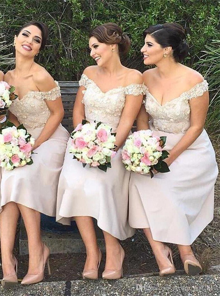 off-shoulder tea-length satin bridesmaid dresses with appliques dtb221
