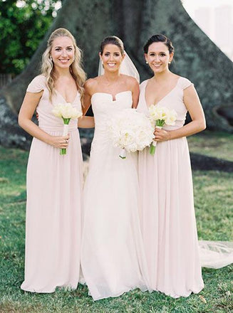 cap sleeves v-neck chiffon long pearl pink bridesmaid dresses dtb206