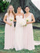 cap sleeves v-neck chiffon long pearl pink bridesmaid dresses dtb206