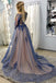 A-Line Long Sleeves Navy Blue Long Prom Dresses with Appliques