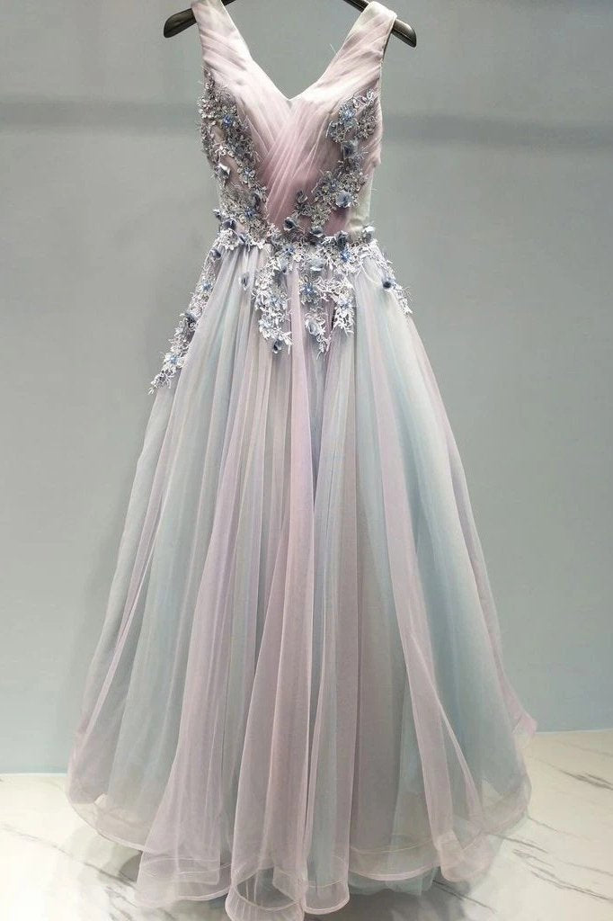 A-line V Neck Lace Appliques Ombre Long Prom Formal Dresses