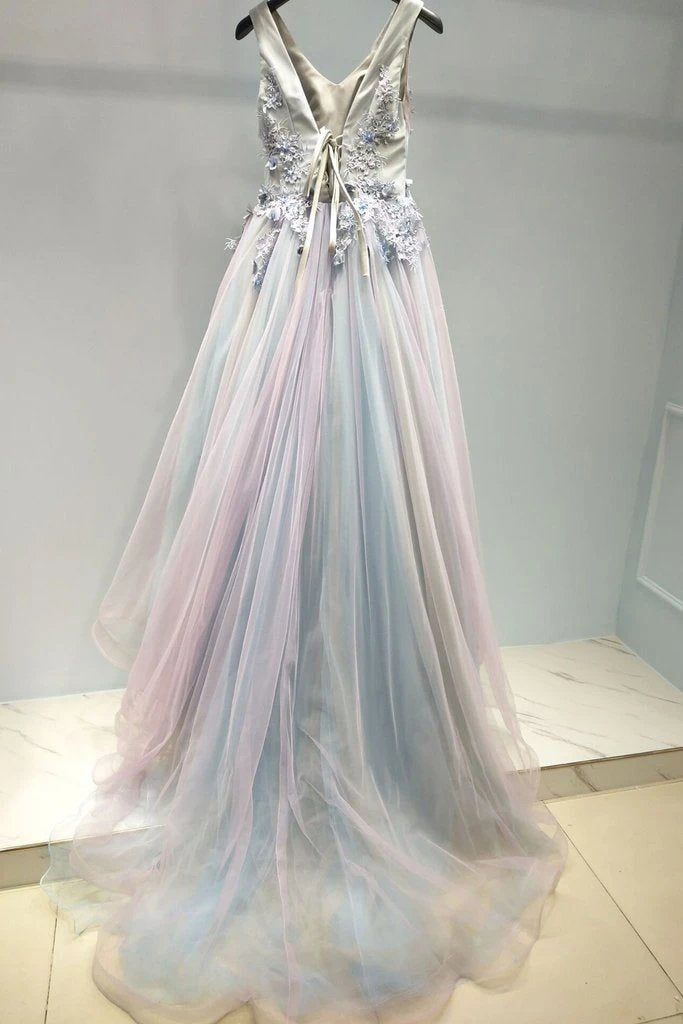 a-line v neck lace appliques ombre long prom formal dresses dtp1080