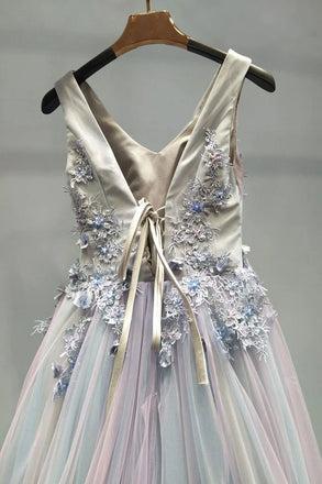 A-line V Neck Lace Appliques Ombre Long Prom Formal Dresses