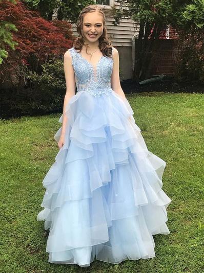 A-line/Princess Sweet 16 Dresses, Sky Blue Ruffles Long Prom Dresses