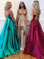 Spaghetti Straps A-line Long Prom Dresses, Sleeveless V-neck Formal Dress