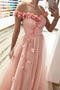 A-line 3D Appliqu¨¦ Off Shoulder Tulle Glitter Long Prom Dresses