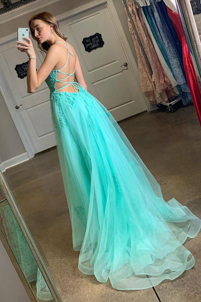 Turquoise Spaghetti Straps Split Evening Dress Appliqued Backless Long Prom Dress