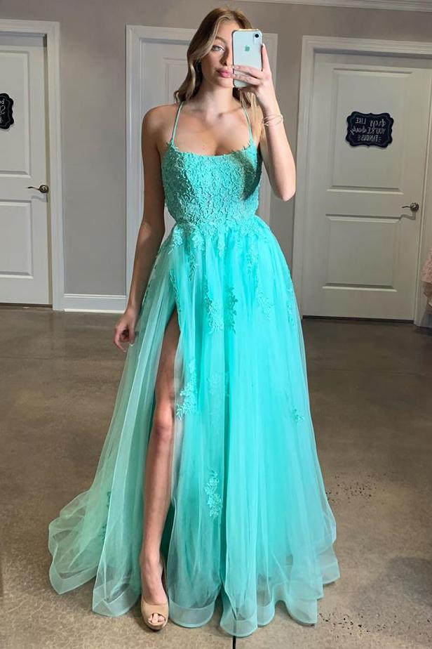 turquoise spaghetti straps split evening dress appliqued backless long prom dress dtp1068