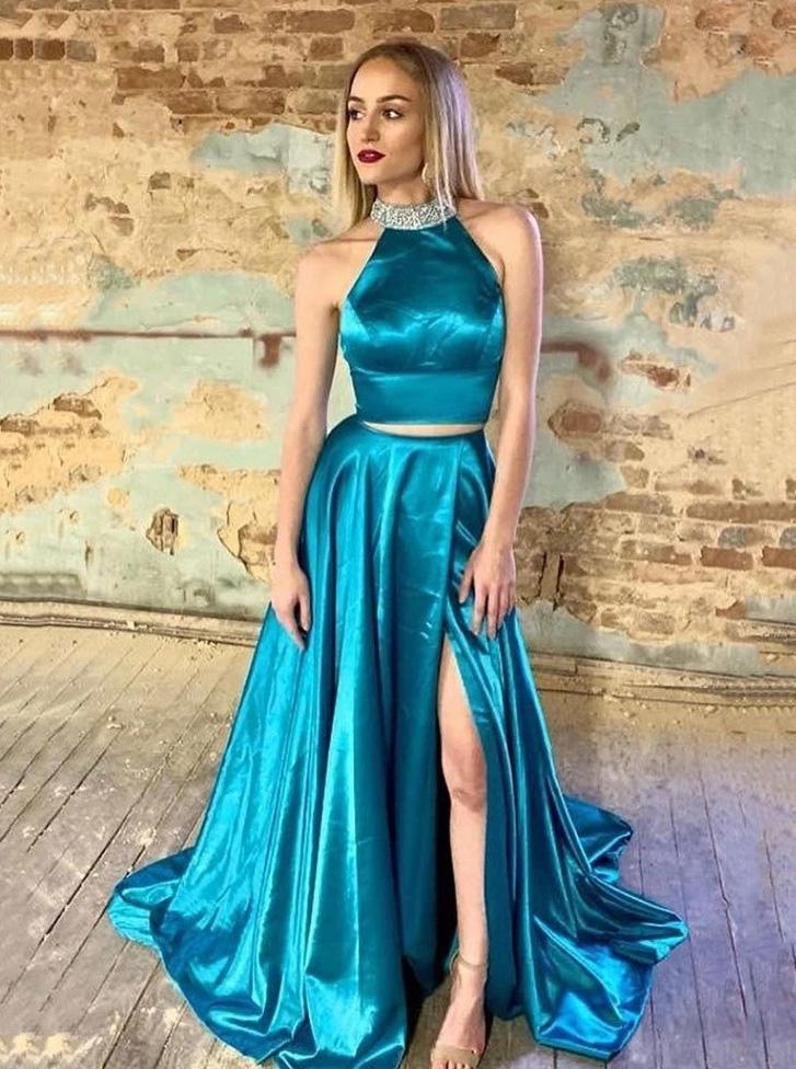 two piece beading halter long prom dresses evening gown with split dtp937