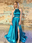 Two Piece Beading Halter Long Prom Dresses Evening Gown With Split