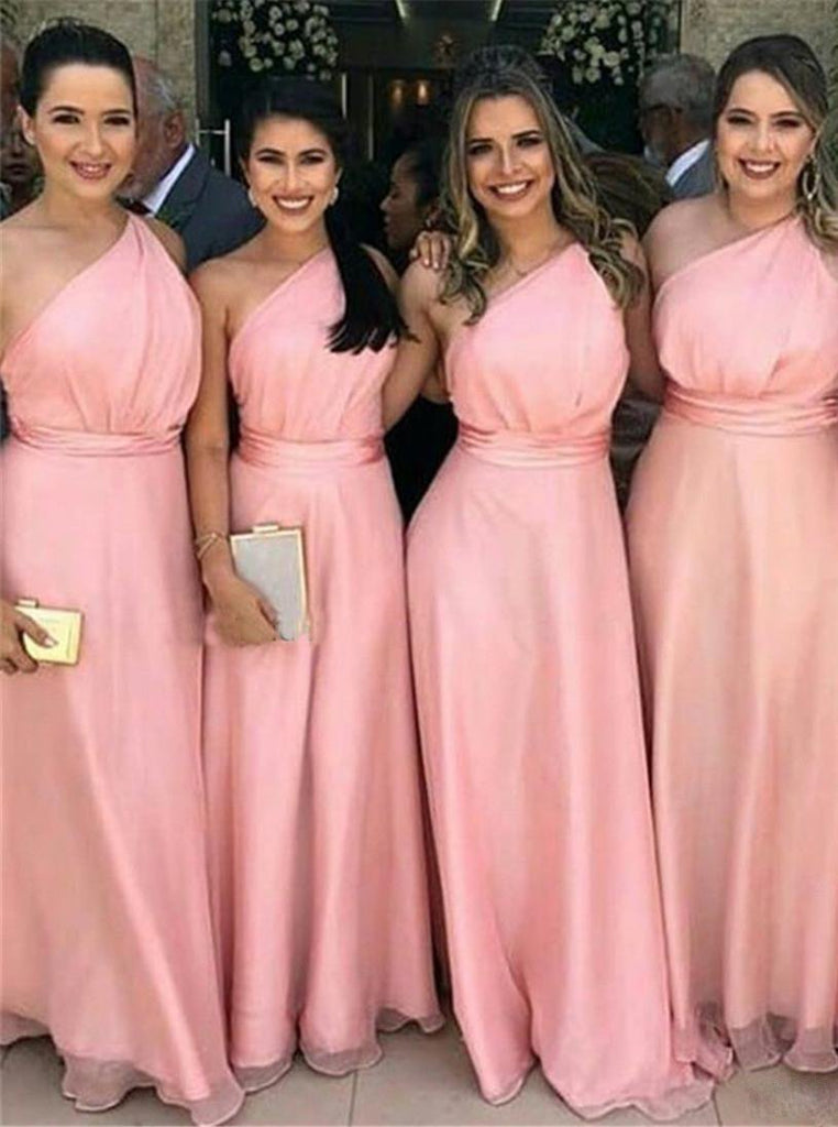 simple one-shoulder pink chiffon long bridesmaid dresses dtb213