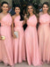 simple one-shoulder pink chiffon long bridesmaid dresses dtb213