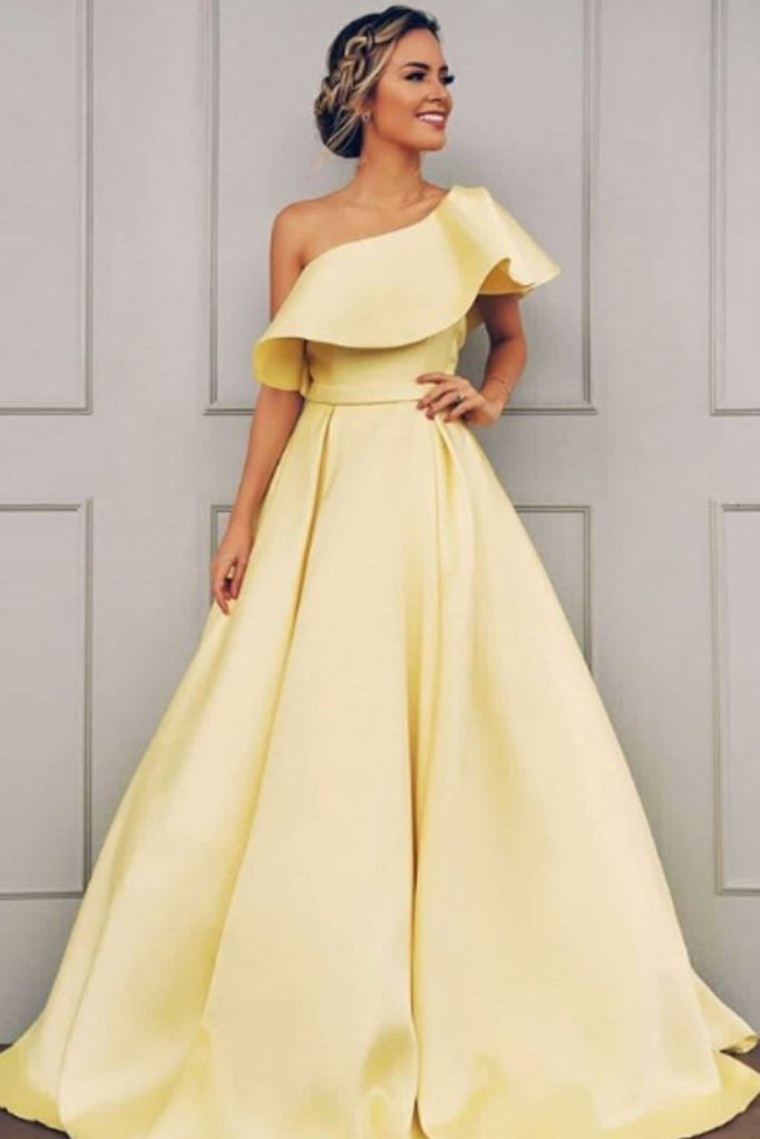 one shoulder prom dress a-line yellow satin formal gown dtp35