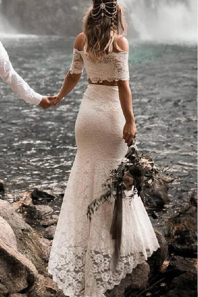 Mermaid Lace Two Piece Wedding Dresses With Short Sleeves