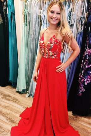 red chiffon long prom dresses embroidered evening party dress dtp794