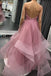 Glitter Straps Ruffled Pink Long Prom Dresses Backless Formal Gown