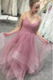 Glitter Straps Ruffled Pink Long Prom Dresses Backless Formal Gown