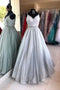A-Line V-neck Beaded Long Prom Dresses Sleeveless Formal Gown