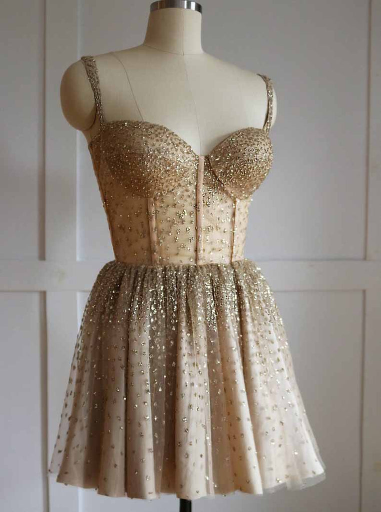 Sparkly Spaghetti Straps Gold Tulle Short Homecoming Dress With Beading