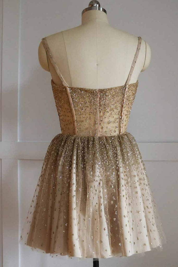Sparkly Spaghetti Straps Gold Tulle Short Homecoming Dress With Beading