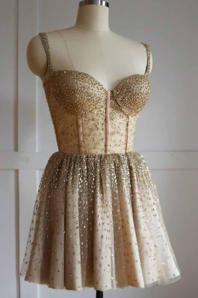 sparkly spaghetti straps gold tulle short homecoming dress with beading dth181