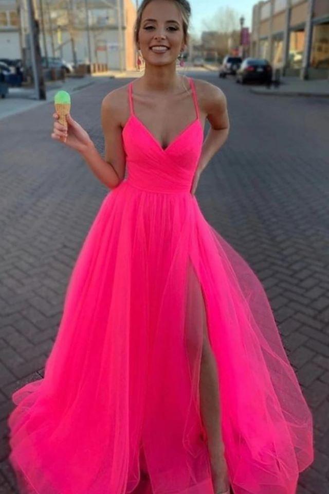 Fuchsia Spaghetti Straps Long Prom Dresses With Split
