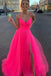 Fuchsia Spaghetti Straps Long Prom Dresses With Split
