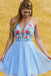 Chiffon Blue V-neck Short Prom Dresses Embroidered Homecoming Dress