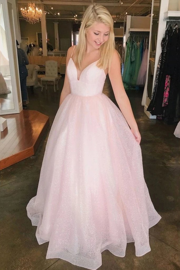 a-line tulle graduation gown sparkly pink long prom dress dtp121