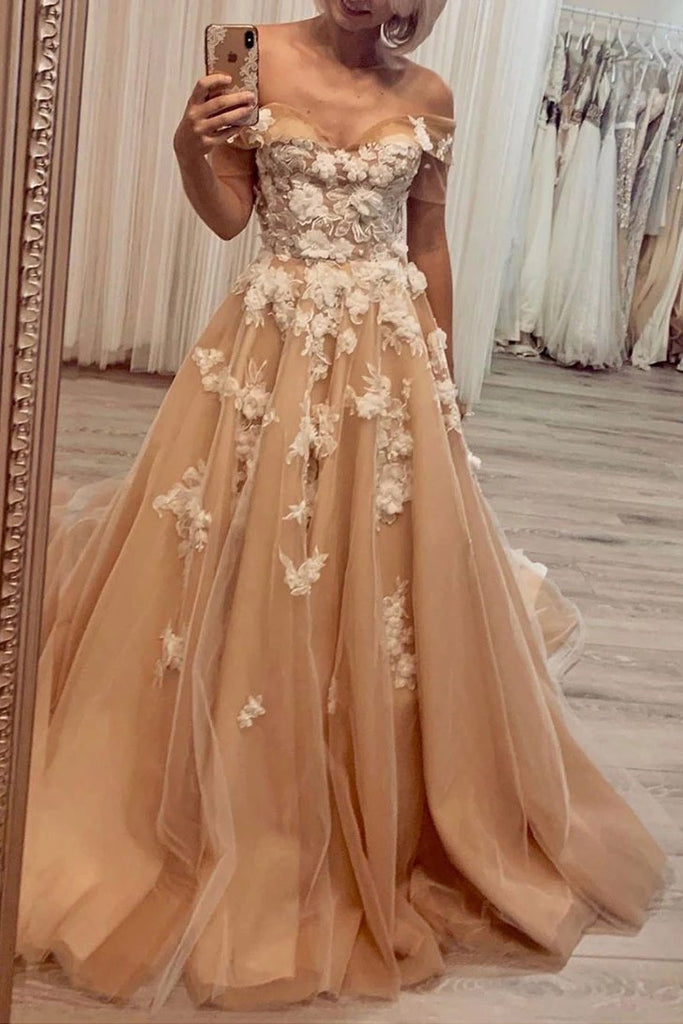 off shoulder tulle long prom evening dresses 3d flowers appliques dtp833