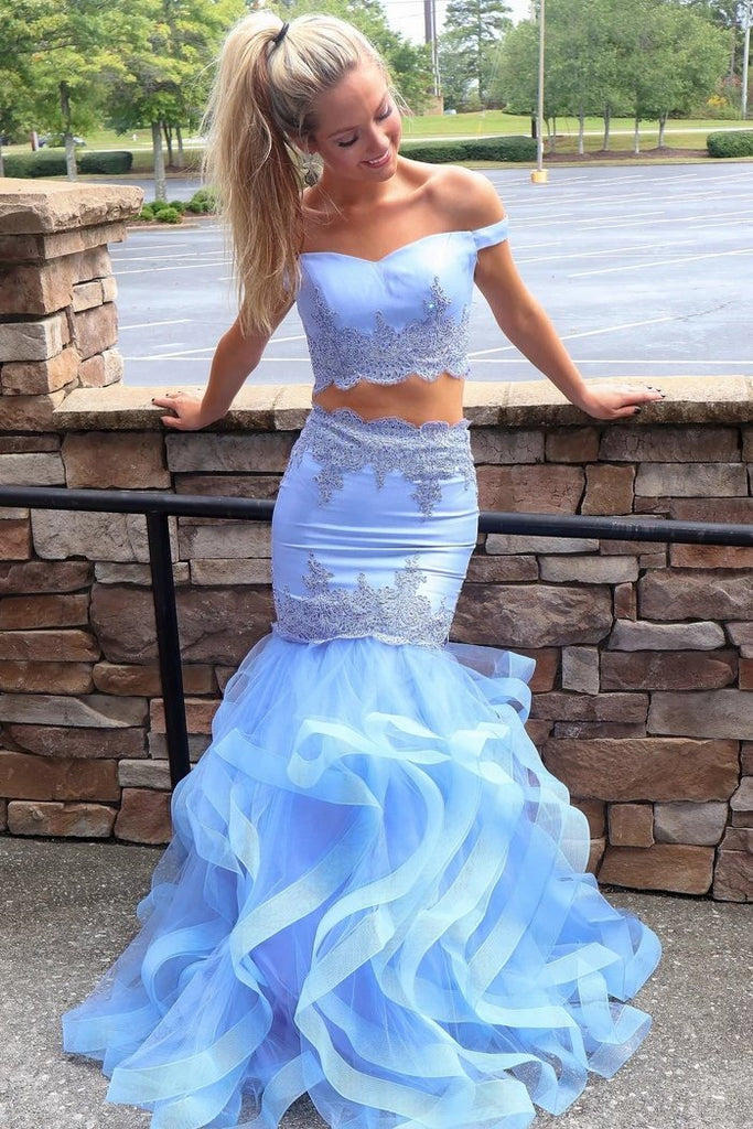 mermaid prom dresses two-piece light blue with layered skirt dtp992