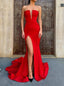Red Strapless Mermaid Formal Evening Dresses with Split