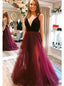 Tulle A-line V-neck Long Prom Dresses, Backless Graduation Dresses With Split