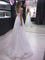 A line Beach Wedding Dresses, White 3D Floral Boho Brial Dresses