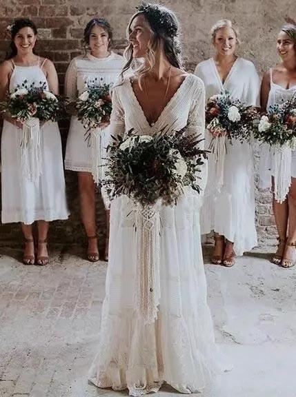 V Neck Lace Beach Wedding Dresses, Long Sleeve Backless Bridal Dresses