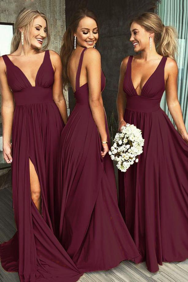 deep v-neck long backless long burgundy bridesmaid dresses with split dtb18