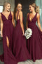 Deep V-neck Long Backless Long Burgundy Bridesmaid Dresses with Split