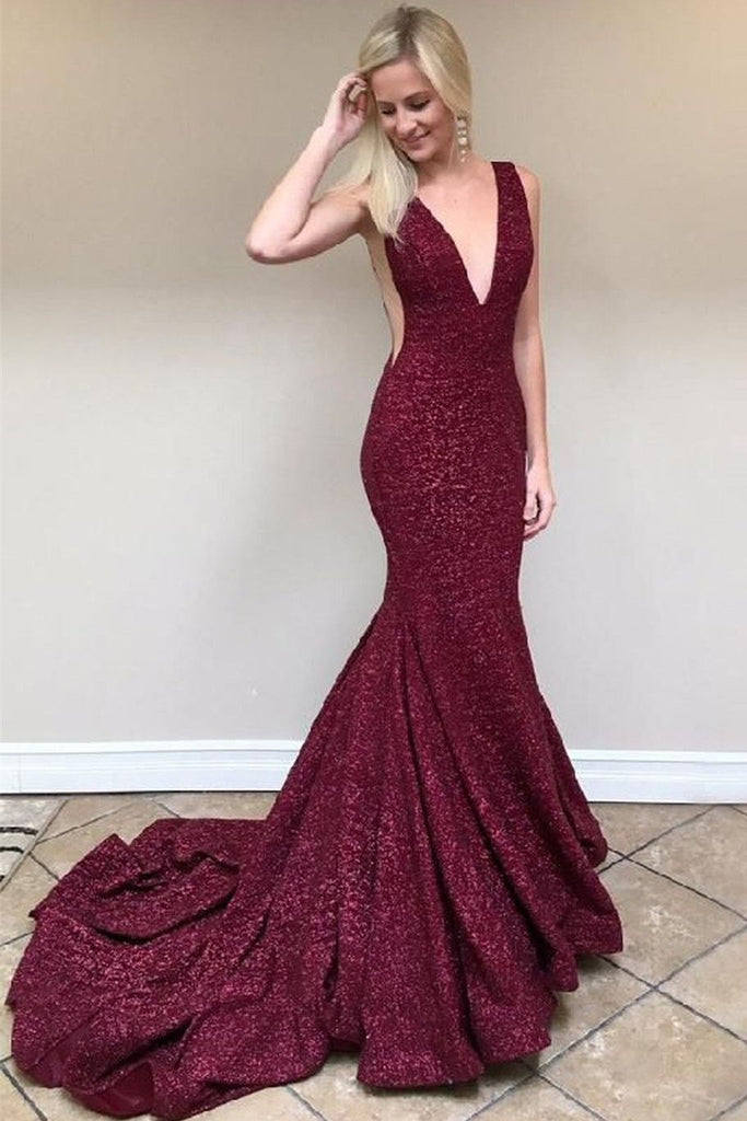 sparkly mermaid burgundy prom dresses v-neck backless evening gown dtp762