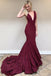 sparkly mermaid burgundy prom dresses v-neck backless evening gown dtp762
