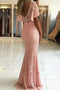 Mermaid V Neck Short Sleeve Beaded Lace Long Prom Dresses