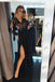 Long Sleeve Lace Black Long Prom Dresses A-line Evening Gown With Split