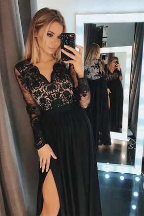 long sleeve lace black long prom dresses a-line evening gown with split dtp1079