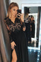 Long Sleeve Lace Black Long Prom Dresses A-line Evening Gown With Split