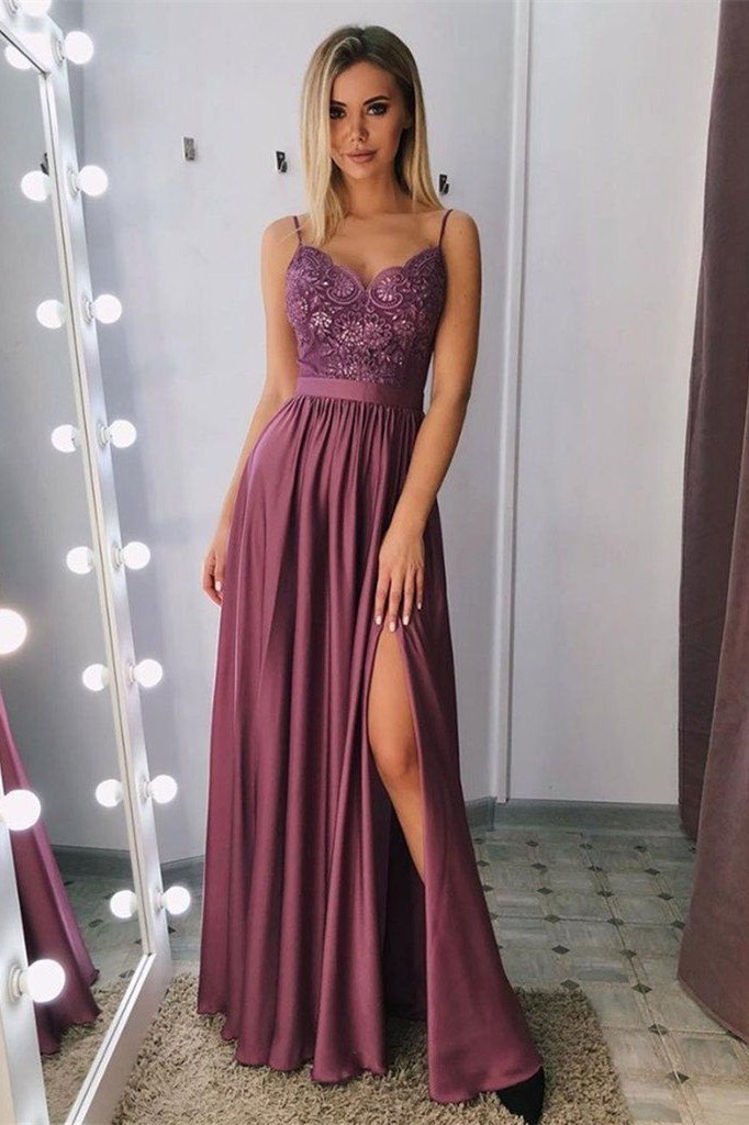 evening dress with split spaghetti-straps a-line long prom dress dtp697