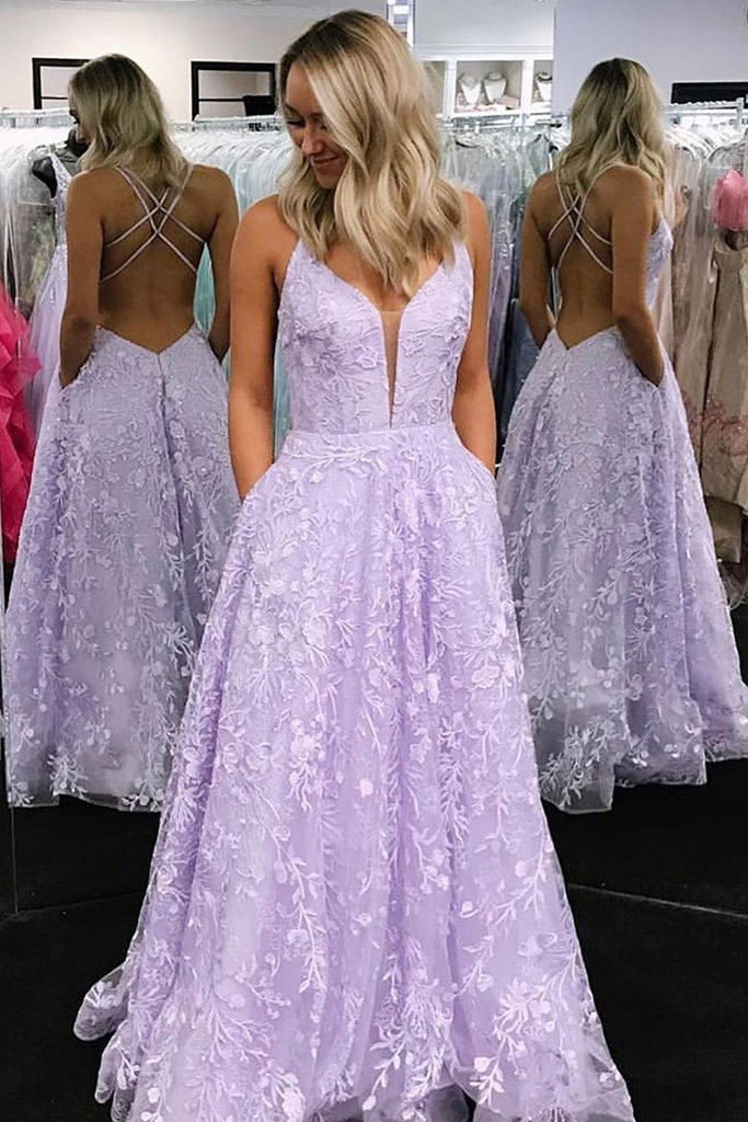 a-line long lilac lace prom dresses backless formal gown with pockets dtp1092