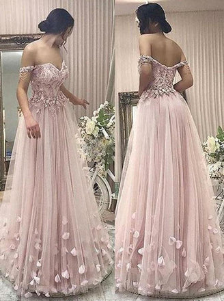 Off-The-Shoulder Pearl Pink Tulle Prom Dress With Appliques Beading