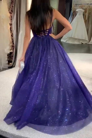 Sparkly Tulle A-line V-neck Long Royal Blue Sleeveless Prom Dresses