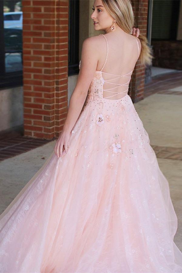 A-line V-neck Appliques Blush Long Prom Dress Tulle Backless Pageant Gown