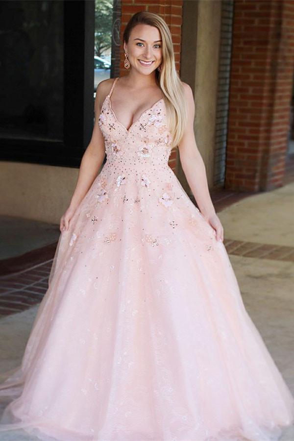 a-line v-neck appliques blush long prom dress tulle backless pageant gown dtp592