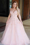 A-line V-neck Appliques Blush Long Prom Dress Tulle Backless Pageant Gown